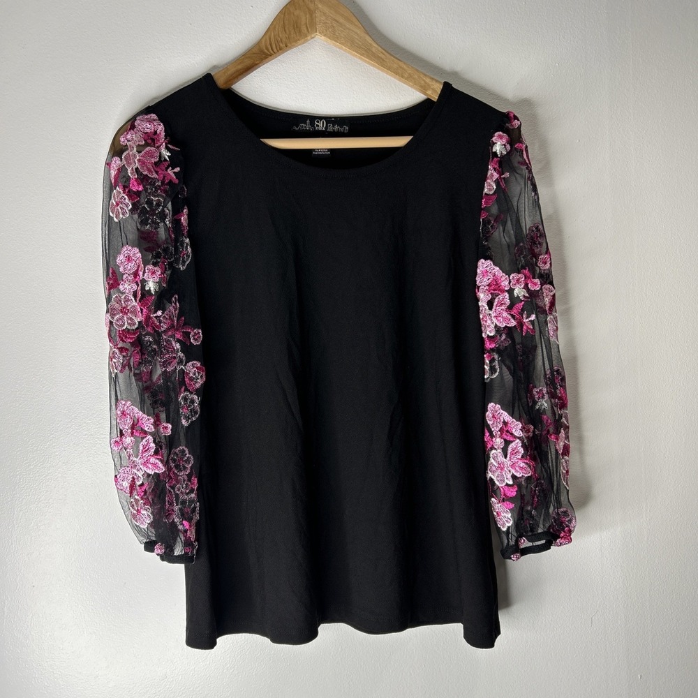 80‎ Park Women's Cotton Black Blouse Size S Mesh Long Sleeves